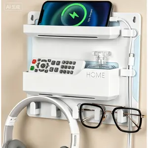 Wall Mount Bedside Organizer with Hooks and Cable Clips, Adhesive Storage Shelf for Phone Remote Earphone Kindle, Plastic Wall Shelf, Dorm Room Accessories, Space Saver, Easy Install White