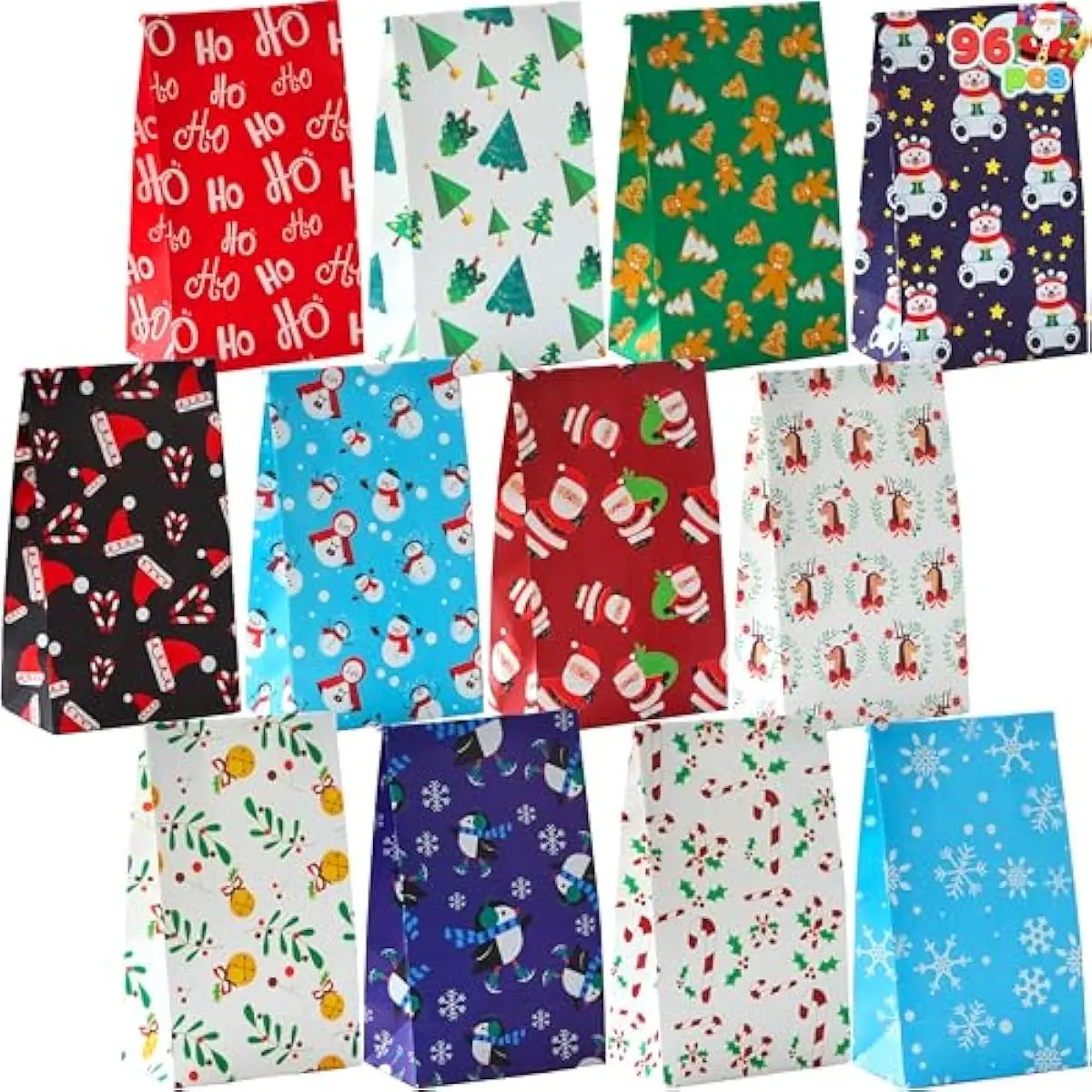 JOYIN 96 PCS Christmas Goody Bags with 12 Designs, Xmas Goodie Candy Gift Bags for Classrooms Festivals Birthdays Party Supplies, Christmas Holiday Treat,Present Packing (9" x 5" x 3")