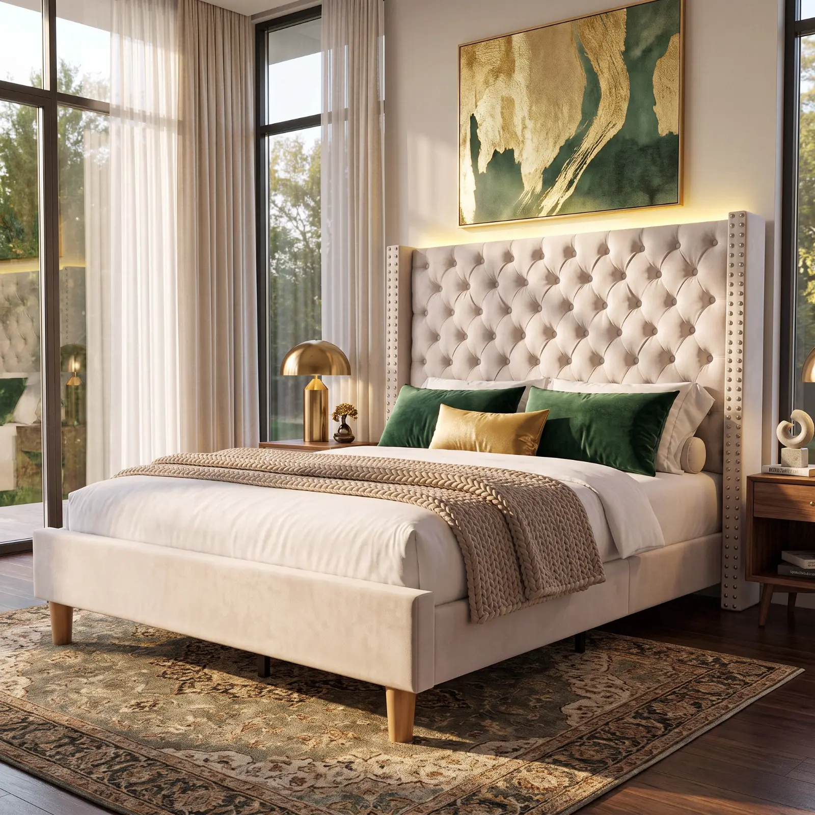 VOWNER Queen Size Bed Frame with 48" Tall Velvet Upholstered Wingback Headboard, Platform Bed with Charging Station and Smart RGB LED Lights, No Box Spring Needed, Easy Assembly, Noise Free, Cream