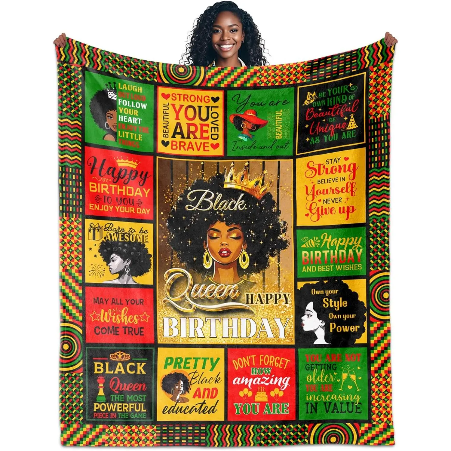 60"x50" Inspirational Encouragement Blanket - African Style Ethnic Print Colorful Custom Graphic Personalized Blanket, Black Lady Afro Girls' Birthday Gifts for Women, Personalized Blankets, Colorful Afghan Blankets