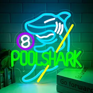 Pool Shark Neon Sign for Wall Decor Dimmable Led Lights Signs Billiards LED Signs for Game Room Shark Neon Light Room Decor for Bar Pub Club Man Cave Decoration Boys Gift