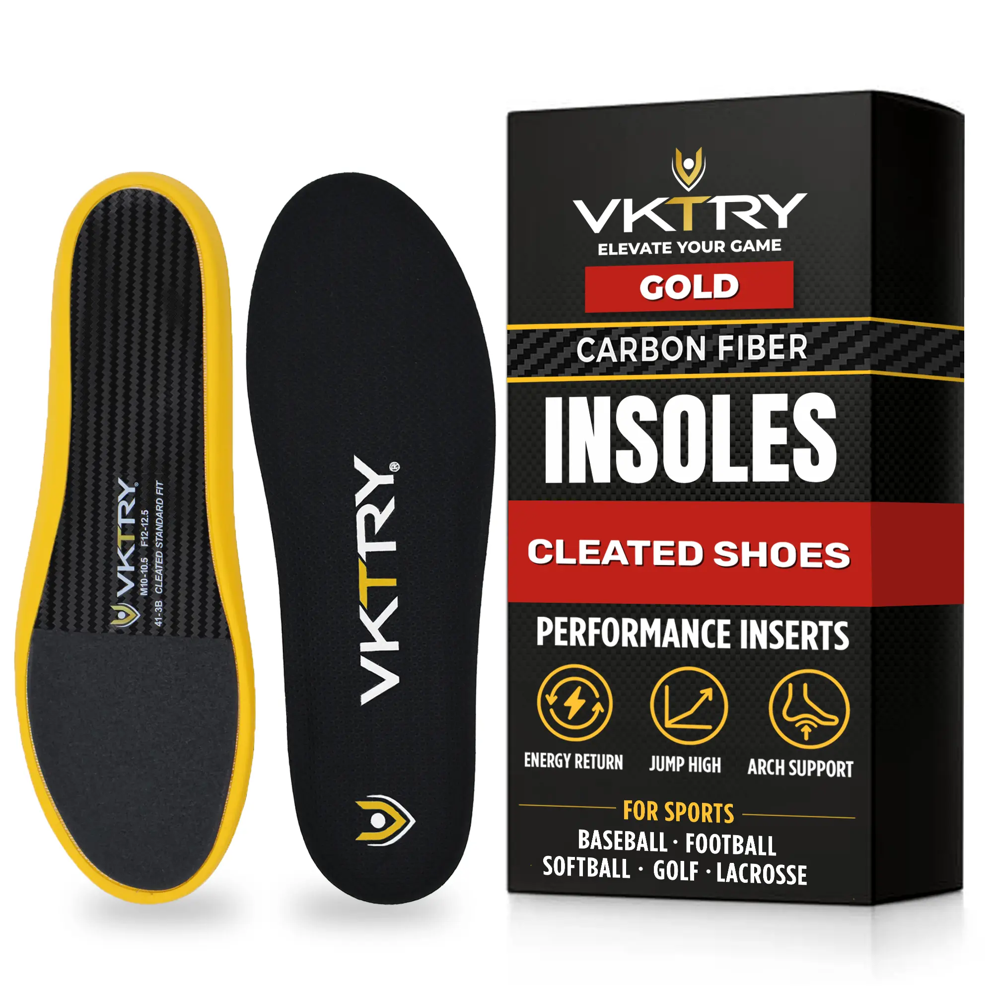 VKTRY Cleated Gold Performance Insoles, 100% Carbon Fiber, Aerospace C.F., Durable Fiber Core, Insert Fit, Maintains Natural Foot Fit