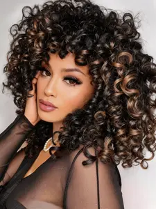 Ombre Brown Curly Wig with Bangs Synthetic Afro Hair Synthetic Curly Wigs Fluffy Soft Natural Looking Wig for Black and White Women Daily Use Cosplay Party