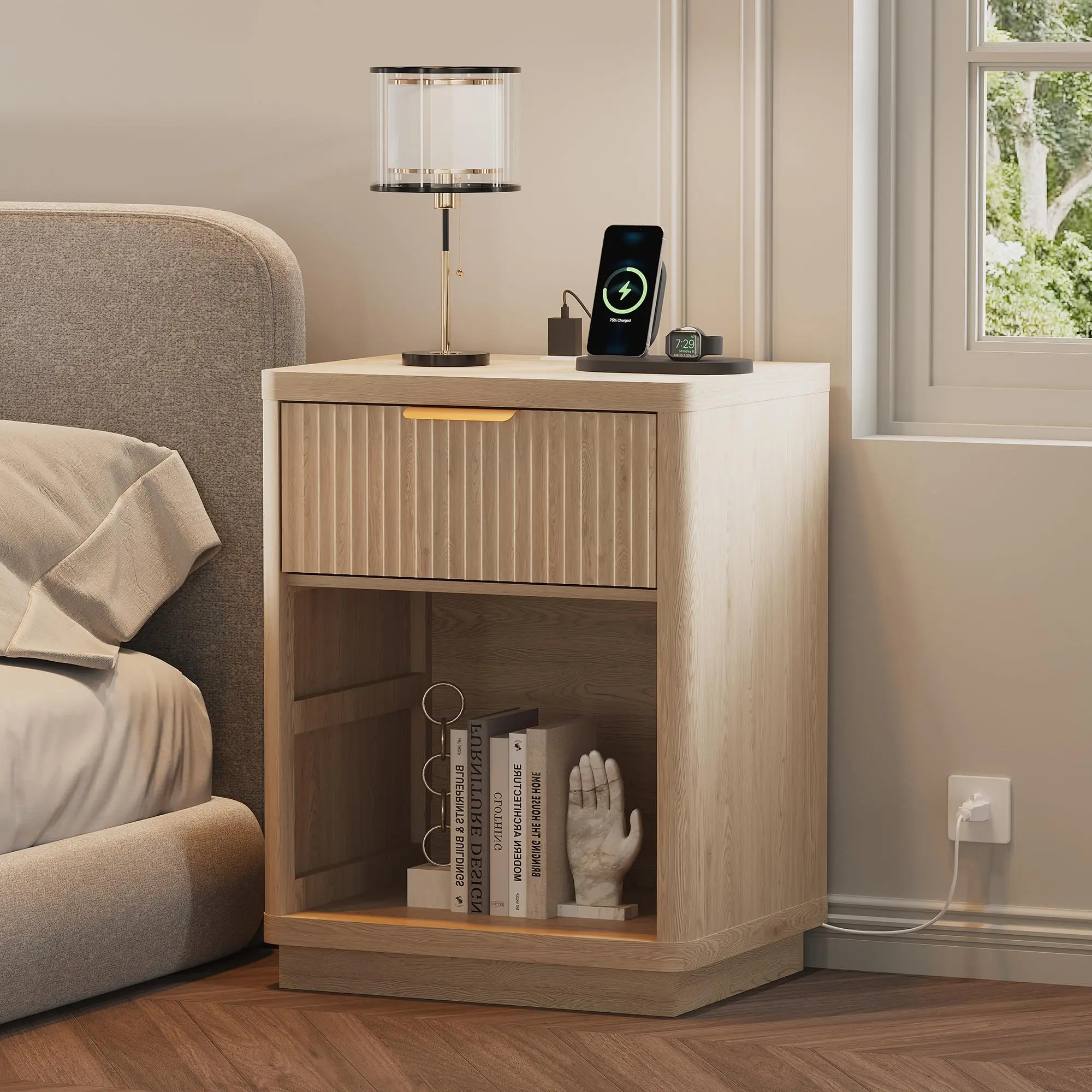 GAOMON Fluted Farmhouse Night Stand - Minimalist Modern Mid-Century Bedroom Accent Table with Charging Station, Drawers, Metal Handle, Modern Accent Table