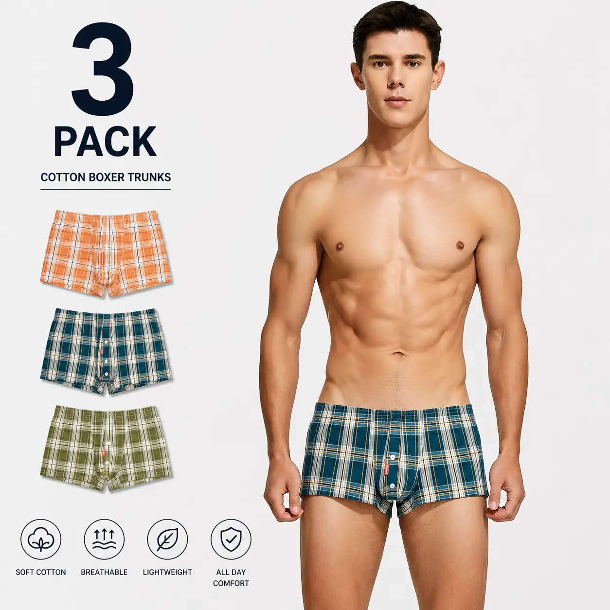 Men's Woven Cotton Boxer Shorts Set - Relaxed Fit in Assorted Checked Plaid Prints, Classic Underwear with Button Fly, Menswear, Small, Cotton Underwear, Basic