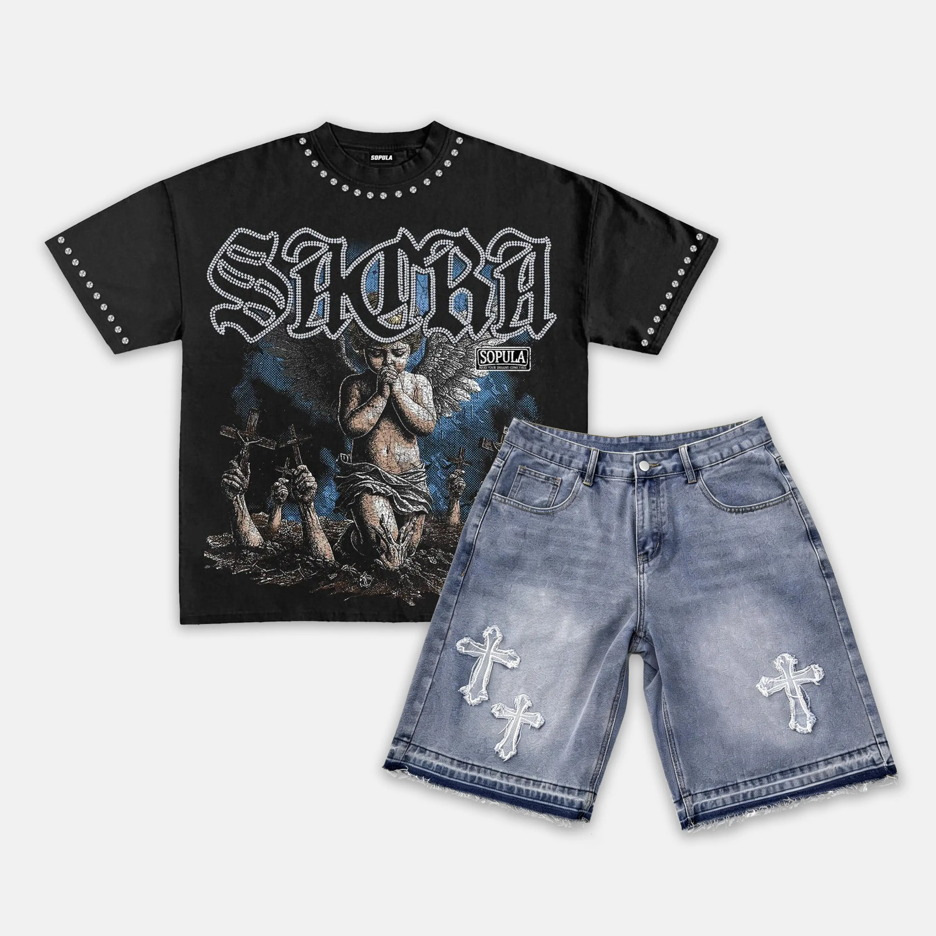 Sopula Studio Menswear 2-Piece Matching Outfits - Short-Sleeve Angel Graphic T-Shirt, Criss Cross Embroidery Denim Jorts, Vintage Hiphop Streetwear Summer Multi-Size Set