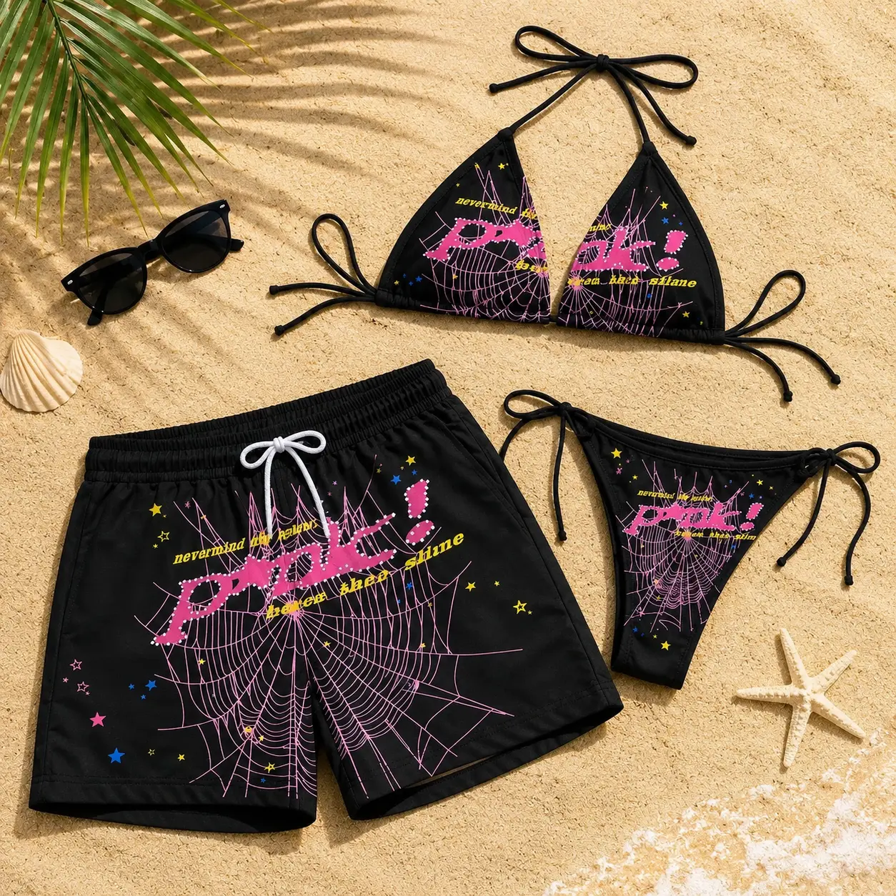 Matching Couple Pink Spider Web Swimwear Set, Baby Blue Spider Web Couple Swimwear Set, Honeymoon Gift for Couples,Y2K String Bikini for Women & Men’s Swim Trunks
