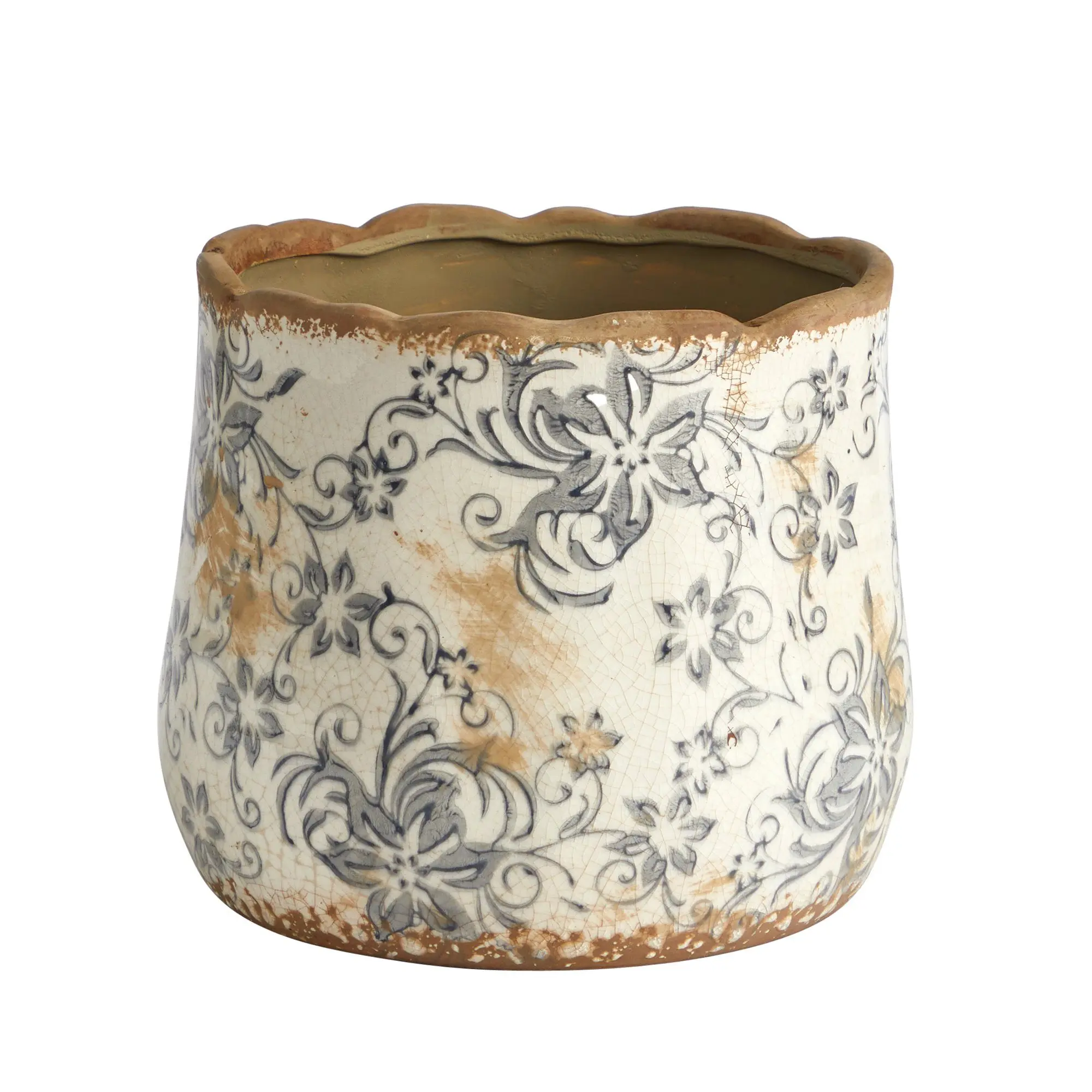 7" Width Rustic Tuscan Ceramic Gray Scroll Plant Pot - Artisanal Pottery for Cozy Homey Vibes Indoor Use Only, Floral Pattern Vase for DIY Plant Arrangements