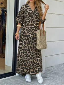 ZANZEA Women's Casual Boho Elegant V-Neck 7-Sleeve Lantern Sleeve Leopard Print Loose Fit Pockets Long Dress, All-Season Boho Style Womenswear 1-Piece Fashion Vneck Bohemian Style Dress
