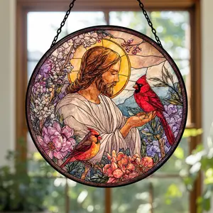 Jesus With Cardinals Stained Glass Suncatcher: Memorial Gift, Christian Window Hanging, Jesus Christ Decoration, Religious Christmas Decor