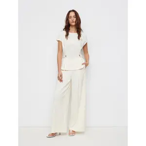 Cider Boat Neck Metal Button Top & Mid Rise Pleated Straight Leg Trousers Set