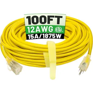 100 ft 12/3 Outdoor Extension Cord  Heavy Duty with Lighted  End 12 Gauge 3 Prong, Flexible Cold-Resistant Long Power Cord Outside, 15Amp 1875W SJTW Yellow ETL Listed