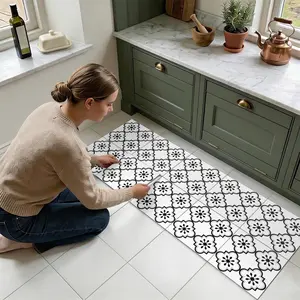 10pcs Peel and Stick Floor Tiles - Black White Moroccan Floral Tile Stickers, Removable Waterproof Vinyl Floor Decals for Bathroom Kitchen Backsplash, Rental Friendly Home Renovation Decor