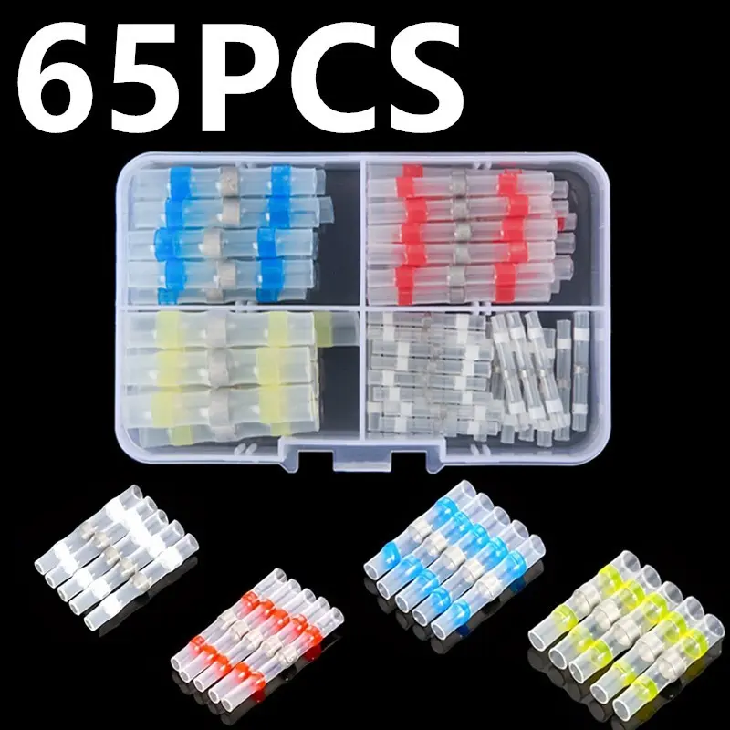65pcs 3:1 Heat Shrinkable Tubing with Solder Rings, Hot Melt Adhesive Included, Electrical Connectors, Cable, Wire, Bright Colors, Durable & Versatile, Home