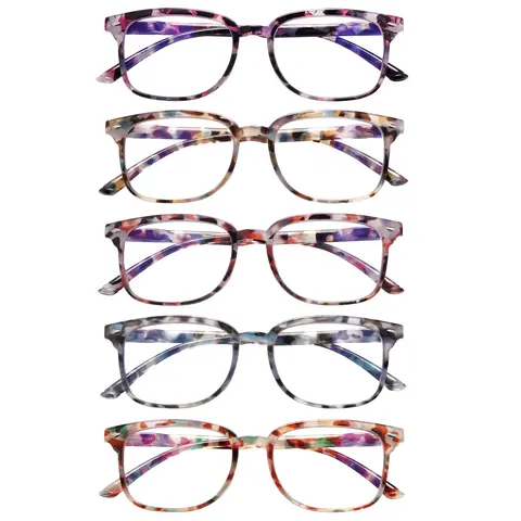 Women's 5-Pack Fashion Design Assorted Eyewear - Adjustable Polycarbonate Full Rim Eye-Friendly Frames, Spring Hinges, Anti-Glare Blue Light Blocking Non-Prescription Lenses for Daily Use, Digital Work