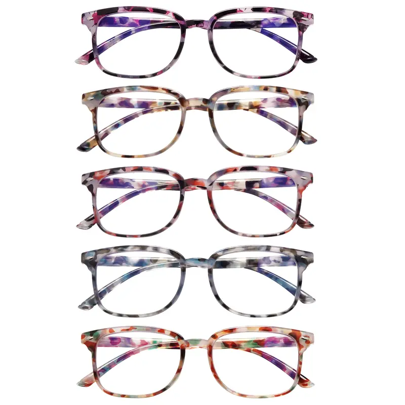 Women's 5-Pack Fashion Design Assorted Eyewear - Adjustable Polycarbonate Full Rim Eye-Friendly Frames, Spring Hinges, Anti-Glare Blue Light Blocking Non-Prescription Lenses for Daily Use, Digital Work