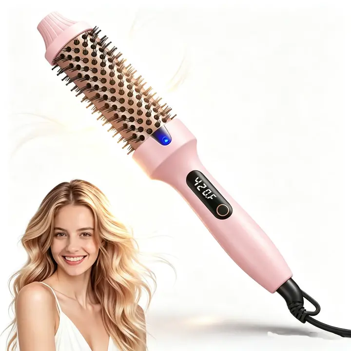Multifunctional 1.5-in Thermal Hair Brush - Keratin Ceramic Heated Round Hair Tool, 6 Temp Settings, Negative Ions, Dual Voltage, 360° Tangle-Free Swivel Cord, Automatic Adjustment, LED, Frizz-Free Smooth Finish, Glossy Shine Boost, Ergonomic Handle