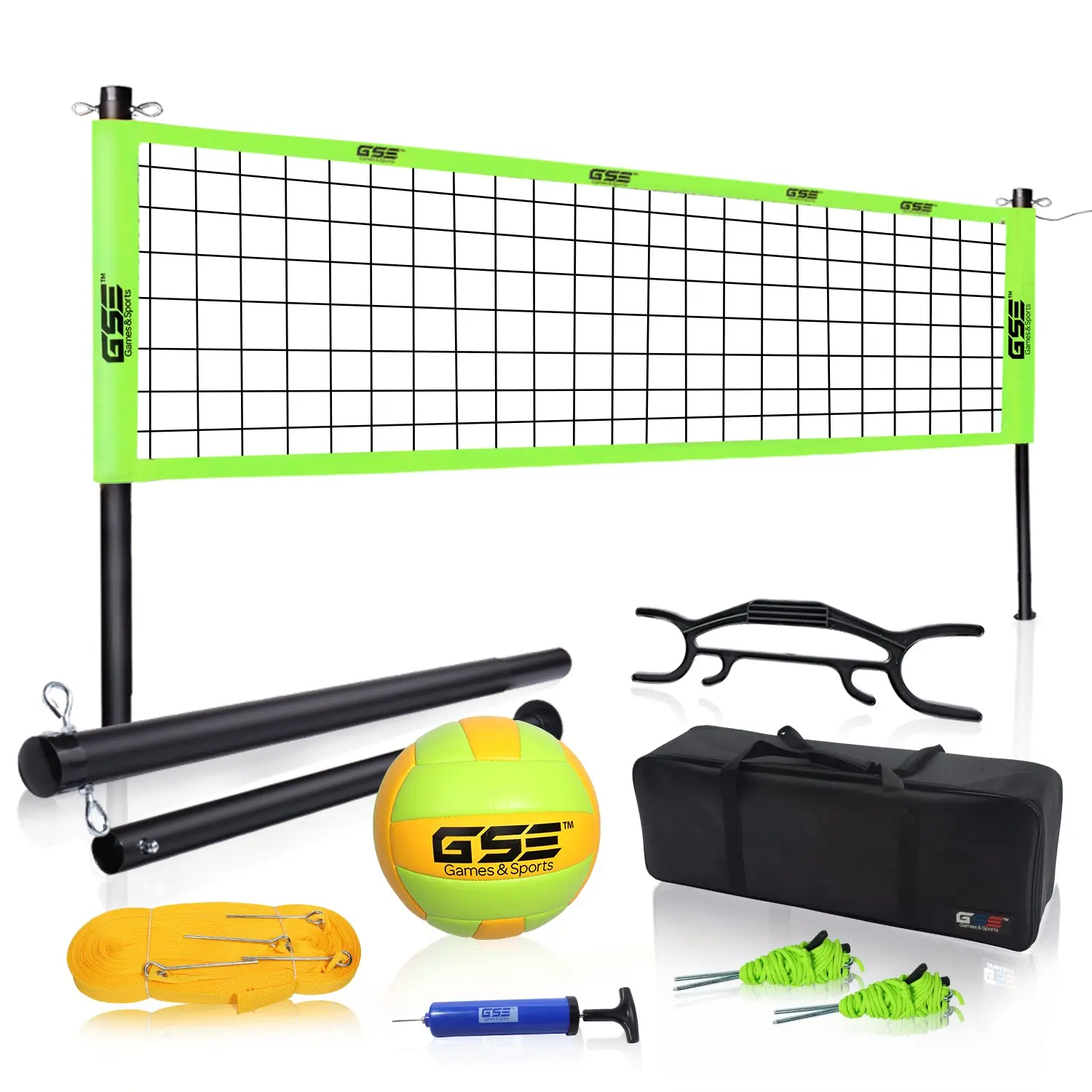 GSE Professional Outdoor Volleyball Set with Official Size Net, Volleyball, Guide Ropes and Carrying Bag. Perfect for Backyards, Parks, Lawns and Beaches