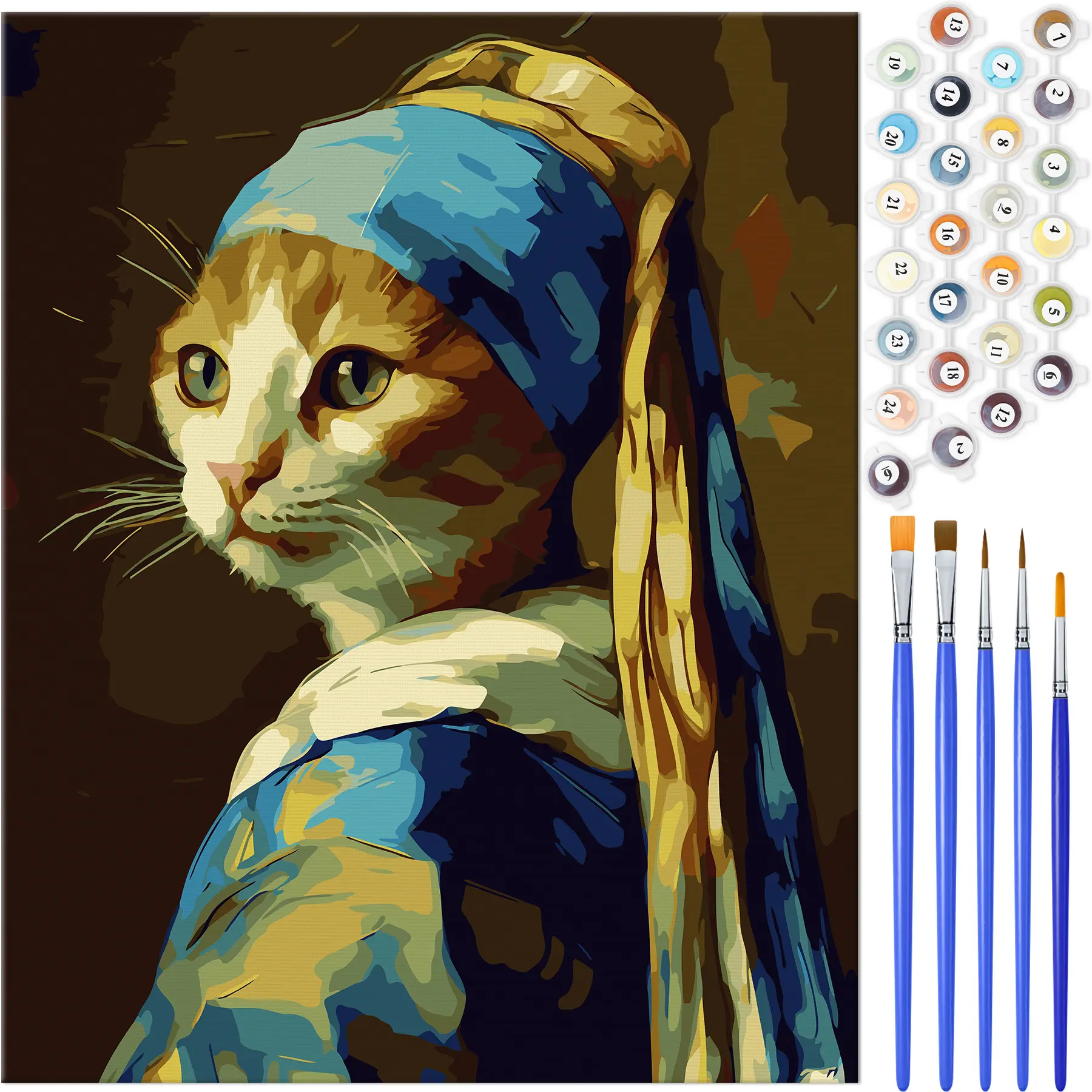 NiArt DIY Decorative Painting Kit - Unframed 16x20in Canvas Paint by Numbers for Adults, 10 Brushes, Acrylic Colors, Gift Box, Unique Home Decor (Pearl-Earring Cat) [Painting Supplies Art Kit]