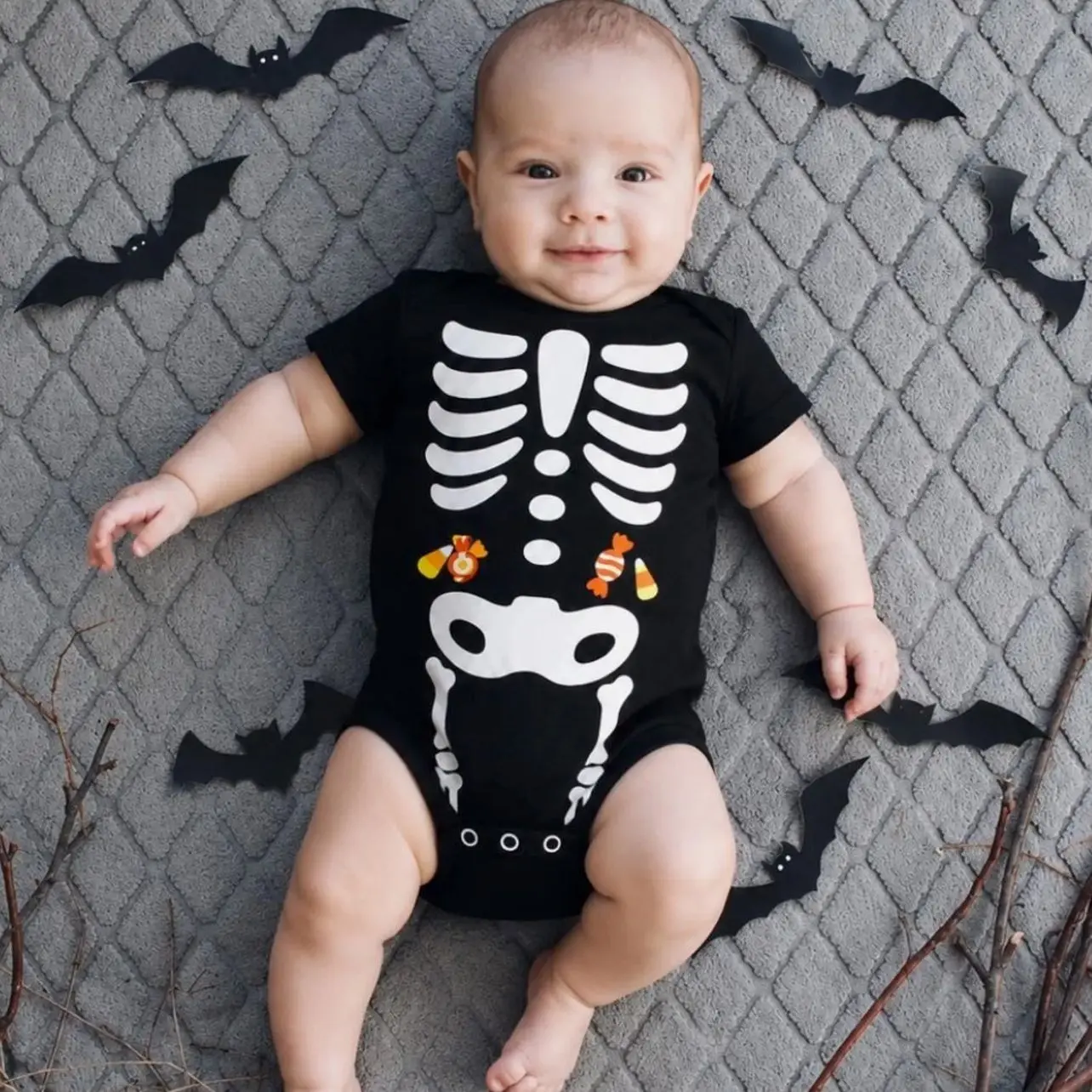 Baby Goth Halloween jersey Custom Bodysuit, Personalized Skeleton Infant Outfit, Cute Spooky Baby First Halloween Gift 8IX