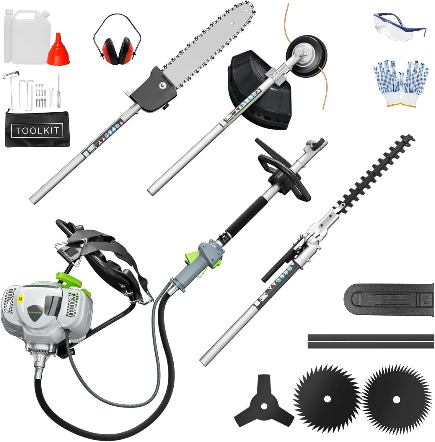 6-in-1 Weed Wacker Gas Powered 52CC, 2-Stroke Multi-Functional Backpack Gas Powered Weed Eater String Trimmer, Pole Saw, Hedge Trimmer, Brush Cutter Blade, Safety Lock&Shoulder Strap for Lawn Garden