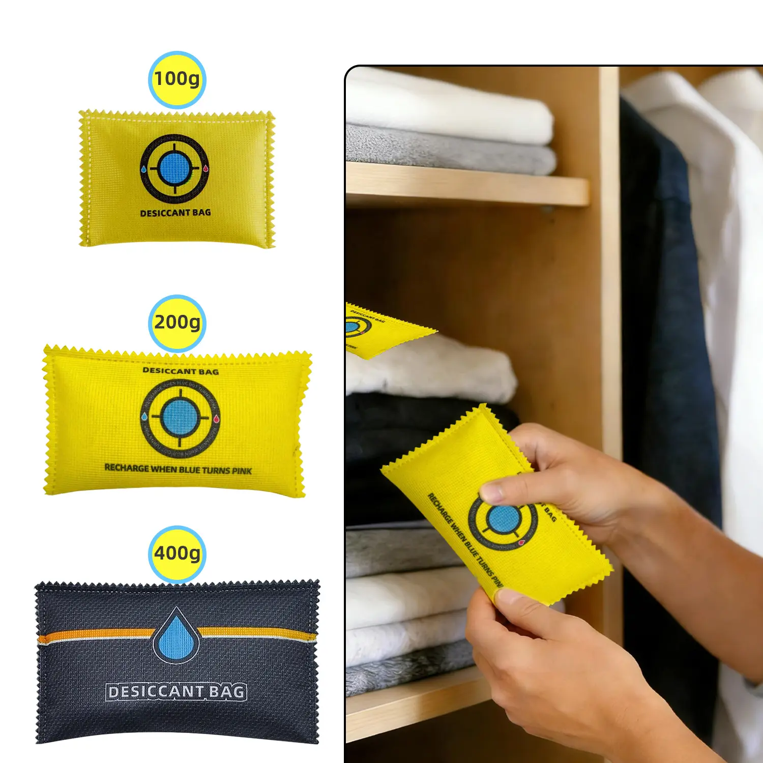 Rechargeable Desiccant Pack, Ultimate Moisture Absorption, Color Change Indicator, Safe Storage Protection,100g/200g/400g