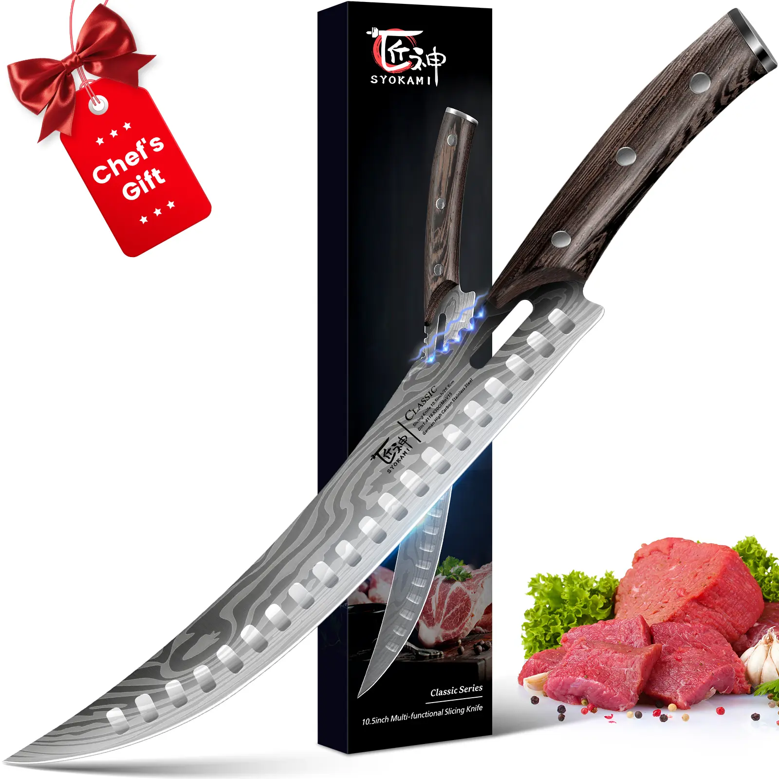 【DealsForYouDays】SYOKAMI 10.5 Inch Butcher Knife, High Carbon Japanese Style Carving Knife with Wood Full Tang Handle, Damascus Pattern, Razor Sharp Breaking Knife with Gift Box Ideal for Mother's Day Gifts
