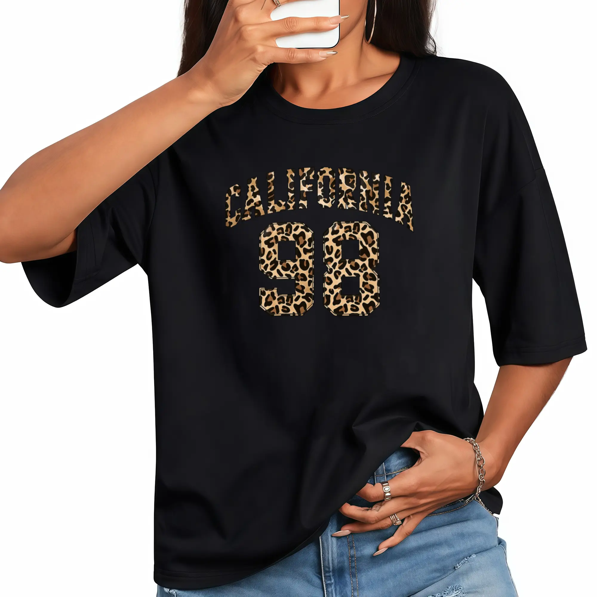 California 98 Leopard Print Graphic Tee Women Plus Size Retro Cheetah Shirt