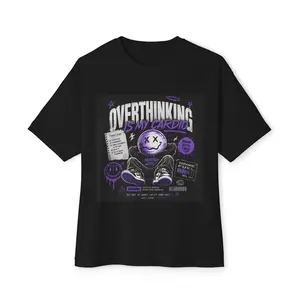 Men's Oversized Drape Cotton T-Shirt - "Overthinking Is My Cardio" Graphic, Cute Emo Cartoon Design, Lightweight Purple Fit Top
