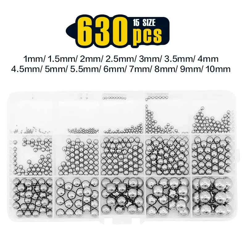630 Pcs 15 Sizes Ball Bearings Chrome Stainless Steel 1-10mm for Bicycle, Skateboard, Motorcycle, Drawer, Door Repair Skateboard Hardware