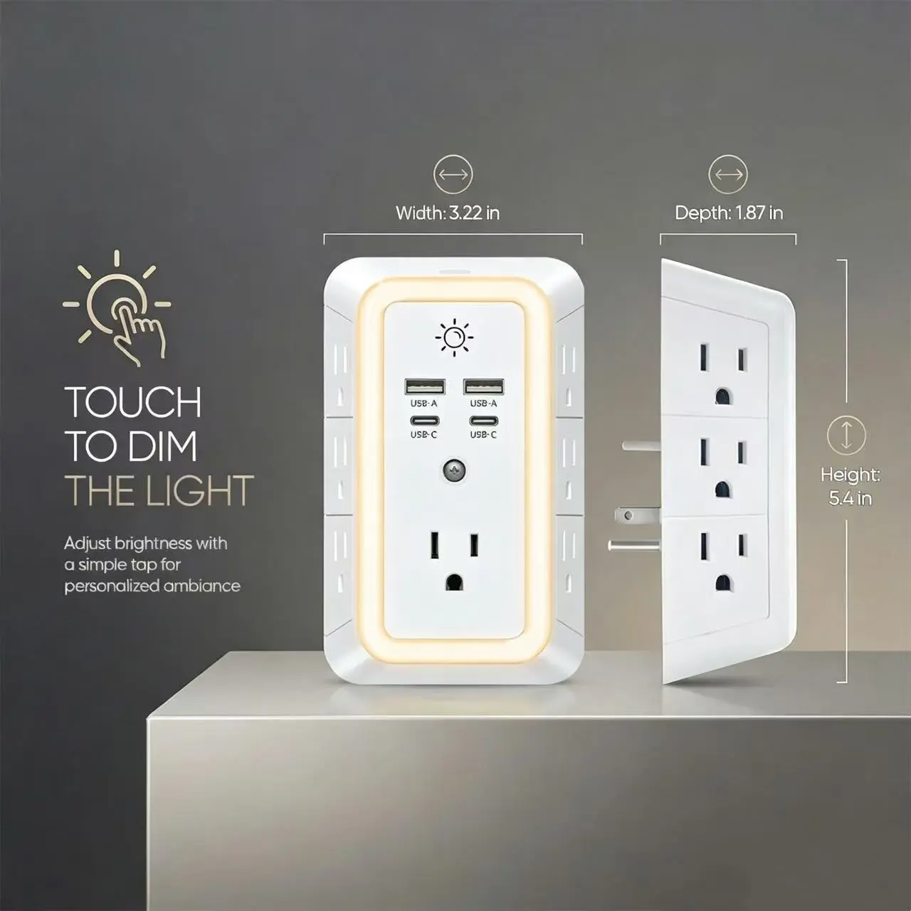 BEJUVG Multifunctional Socket - Power Socket Expander, 3-Sided 7-Hole Spaced Adapter, 4 Fast Charging Ports (2 USB-C, 2 USB-A), Night Light, ETL Certified Plug, for Home & Office Use Wall Outlet Extender Usb Outlets