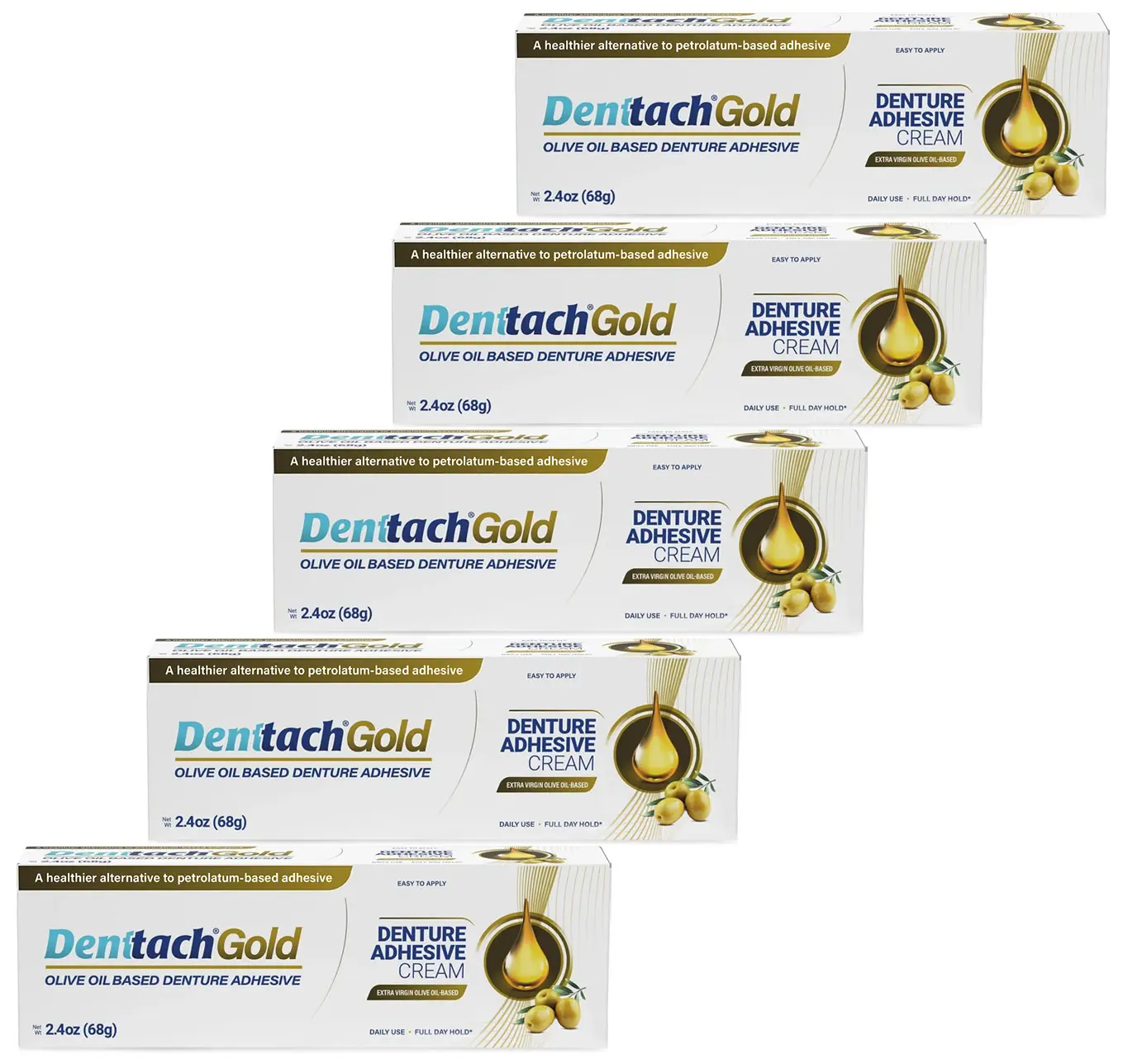 Denttach Gold 5 Value Pack Daily Oral Denture Adhesive Zinc Free Made from Olive Oil 2.4 OZ  lasts up to 24 hours