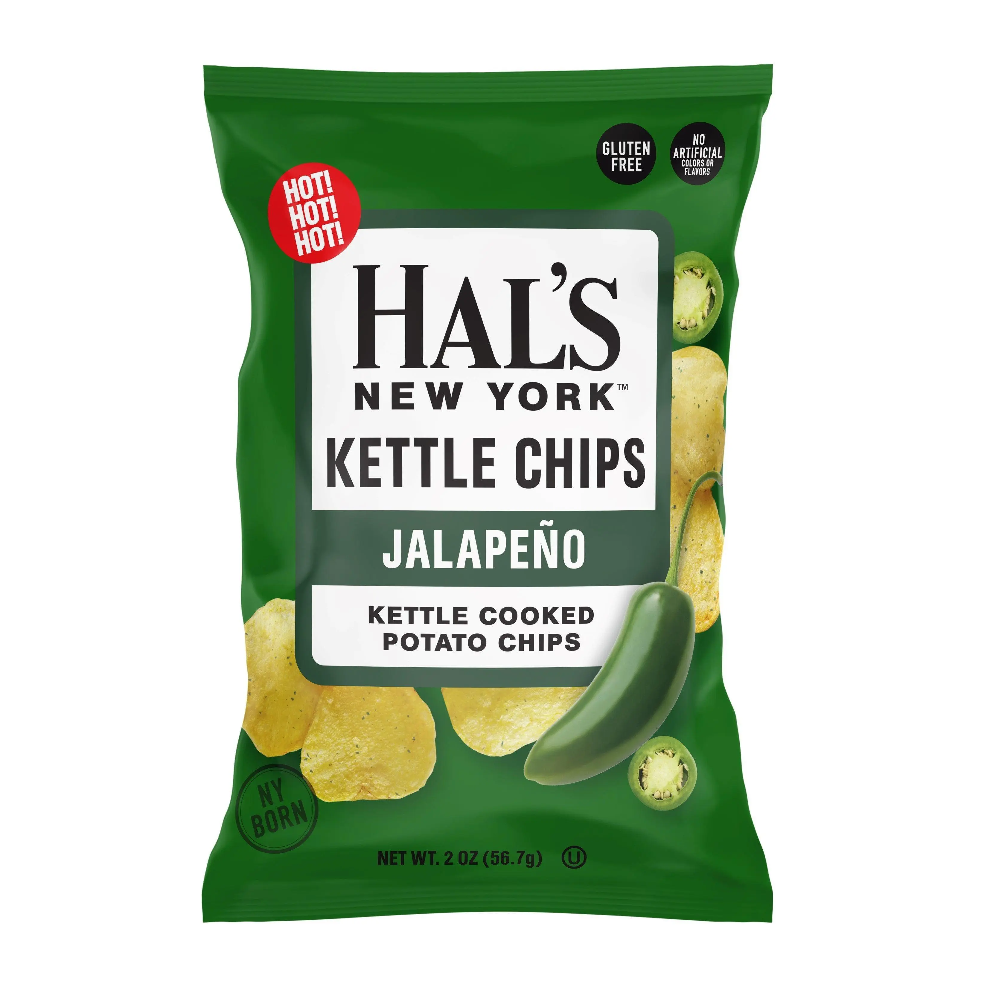 Hal's New York Kettle Cooked Gluten Free Potato Chips, Jalapeno, 2 oz (Pack of 24)