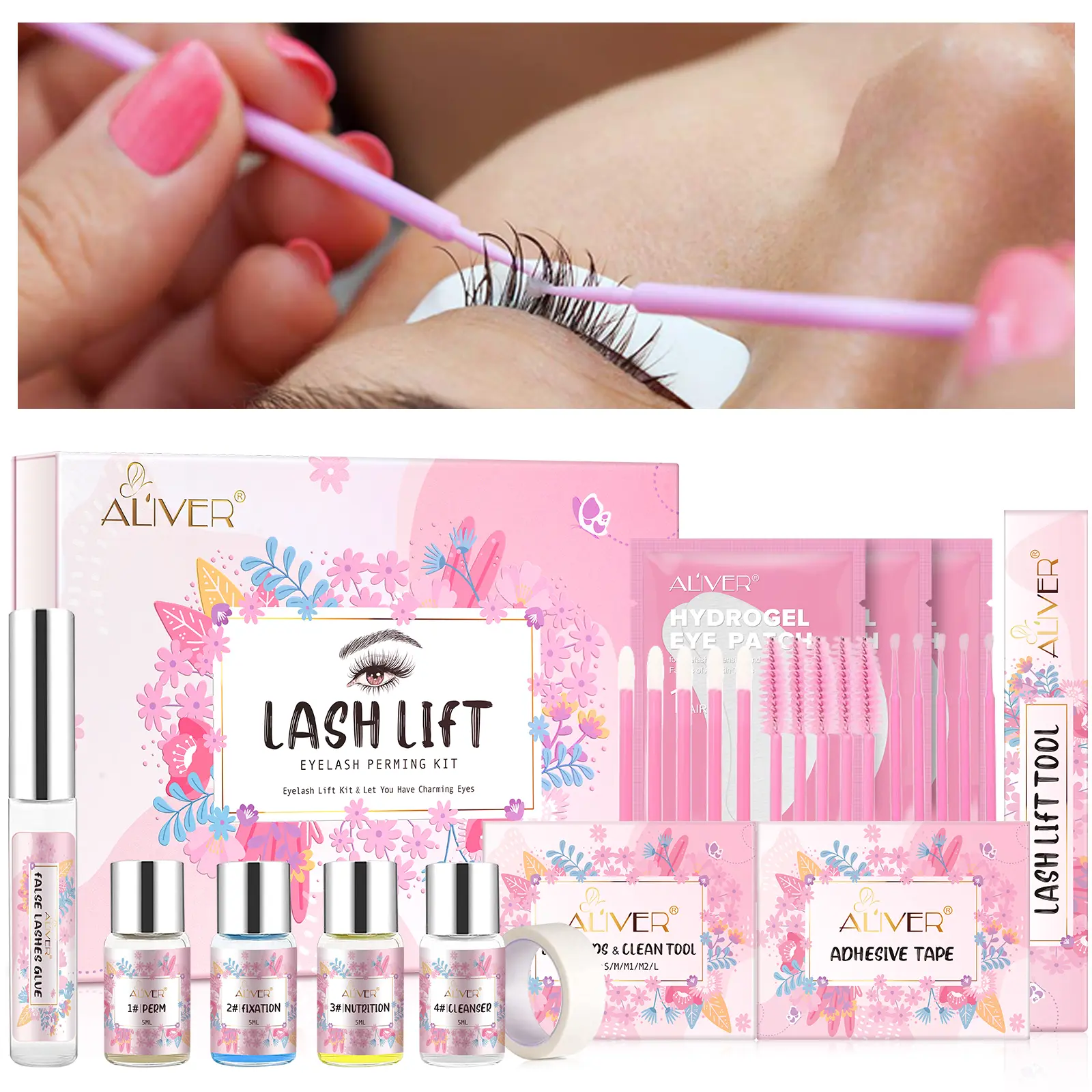 ALIVER Cosmetic Eyelash Perming & Shampoo Combo Pack - Salon-Grade Keratin-Rich Eyelash Tools, Gentle Fragrance 100g Purified Water Makeup Kit for Adults, Low Irritant DIY Lash Lift, Silicone Pads, Eye Shields, Accessories, Easy Cleaning, Sequential Guide
