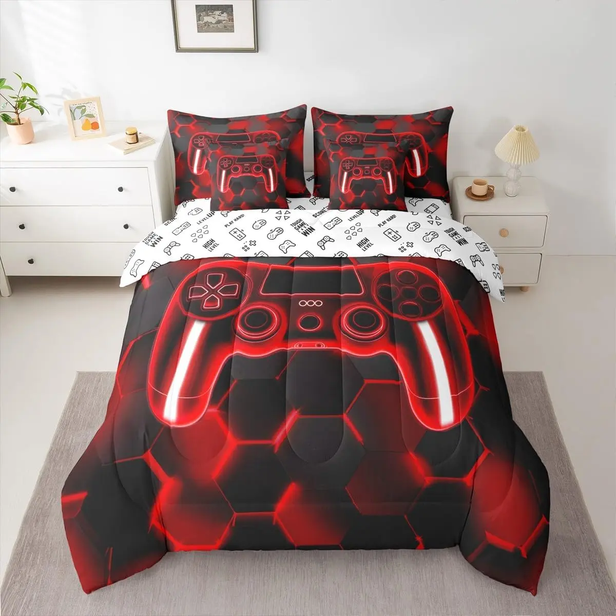 Feelyou 7-Piece High Tenacity Gamer Microfiber Bedding Quilt Set - Red & Black Game Console Themed Tech Bedspread, Multi-Size Breathable Bed Comforter Set with Comforter, Sheets, Blanket, Pillowcases, Bedspread Set