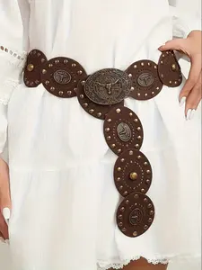 Women's Western Cowboy Style Wide Belt, PU Leather Patchwork, Antique Copper Rivets, Bohemian Carved Bull Head Buckle, Boho Style Belt