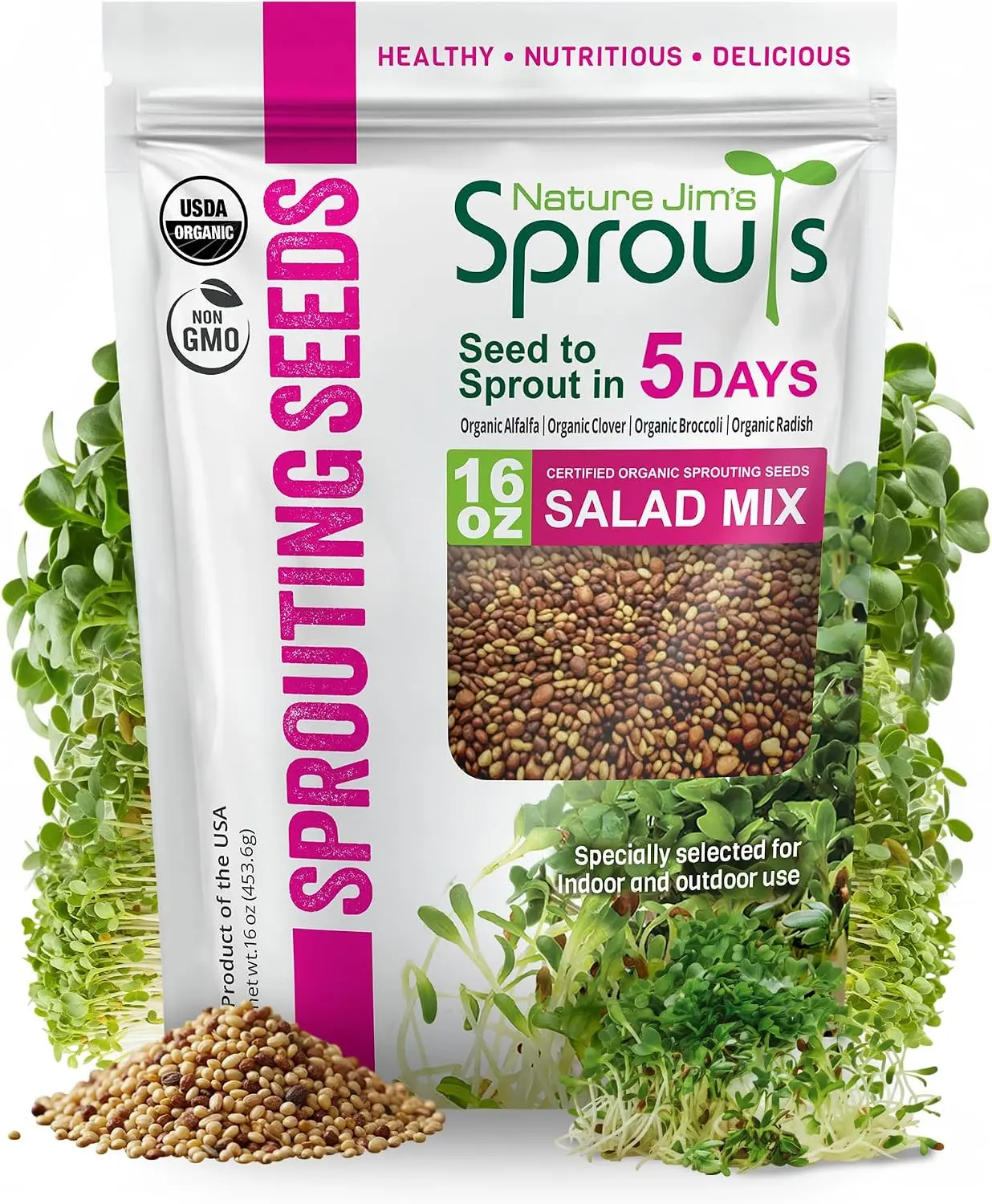 Organic Salad Mix Sprouting Seeds, 1 lb Non-GMO Microgreen Seed Mix with Broccoli, Alfalfa, Radish & Clover for Indoor, Outdoor & Home Growing