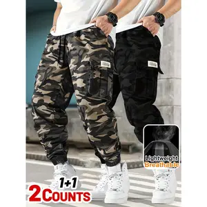 Men's 2-piece camouflage multi pocket workwear, ankle tied casual pants Drawstring elastic waistband, loose and breathable outdoor workwear, sports pants Multi colored camouflage versatile commuting workwear pants 2-piece set