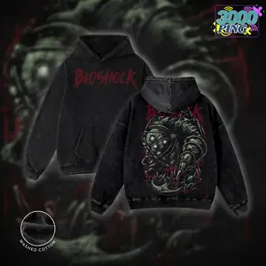BioShock Hoodie Big Daddy Horror Graphic, Vintage Acid Wash Sweatshirt, Rapture Gaming Merch, Red Blood Logo Pullover, Unisex Cotton Top, Streetwear