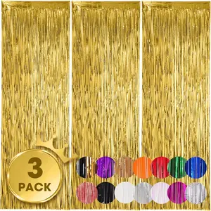 3 Pack 3.3x8.2 Feet Gold Foil Fringe Backdrop Curtains, Tinsel Streamers Birthday Party Decorations, Fringe Backdrop for Graduation, Disco Party