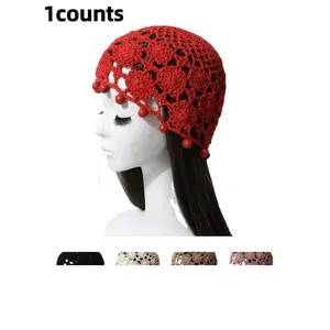 Women's Fashion Handmade Beaded Hollow Out Hat, Fashion Accessory, Handcrafted Beads, Crochet Beret, Vintage Ethnic Style Scarf, Party Birthday Essential, Spring Summer Wear, Handcrafted Cap