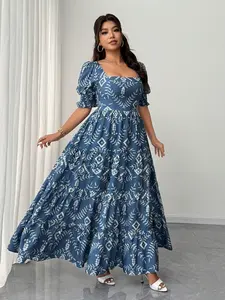 Elegant Plus Size Women's Fashion Casual V Neck Front Button Waist Tie Colorblock Long Dress, Fitted Plain Style for All Seasons