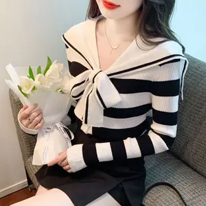 2025 Navy Striped Autumn Winter New College Sweater Design Slim Versatile Top winter