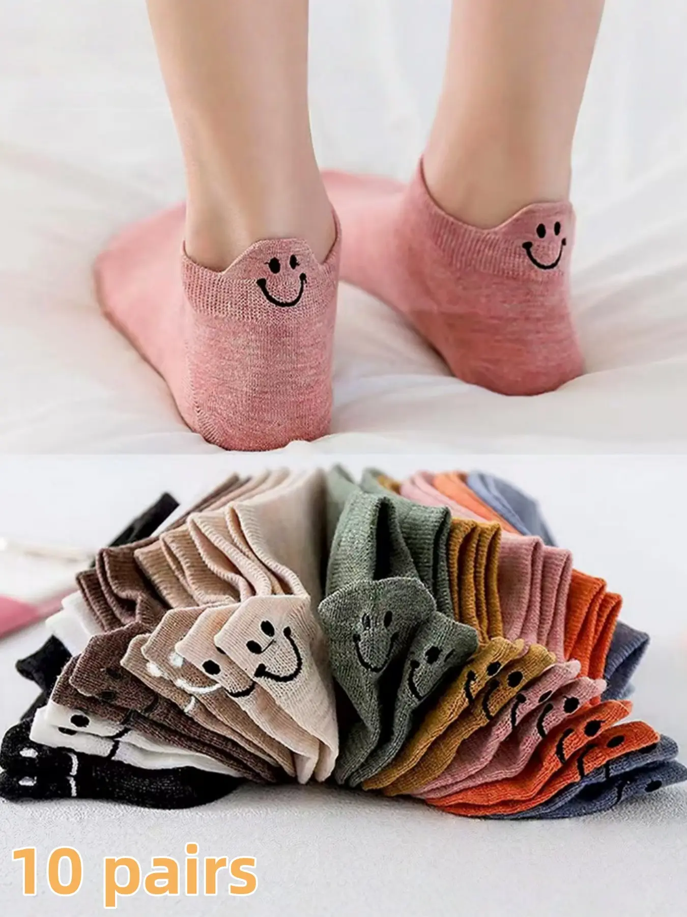 10/40 pairs of men's and women's multicolored versatile boat socks with a smiling face on the heel. Comes with a good mood every day, breathable, sweat absorbing, skin friendly, comfortable and not falling off. The fashionable design of the short socks pe