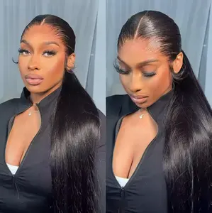 Bling Hair 360 Full Lace Wigs Human Hair Transparent Straight 13x4 Lace Front Wigs For Black Women 180% Density Natural Color Makeup Sponges