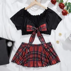 Women's Plaid Print Bow Front Crop Top and Pleated Skirt Sexy Lingerie Costume Set, Sexy Casual Ruffled Pleated Top and Skirt, Women's Sexy Costume