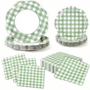 60Pcs Green Gingham Party Supplies, Scalloped Checkered Dessert Paper Plates and Napkins Disposable Plaid Tableware Set for Birthday Wedding Baby Shower Spring Family Dinner Party Supplies Serves 20