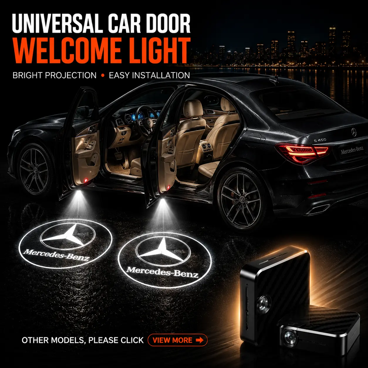 2 Pack Mercedes Benz Logo Wireless LED Car Door Projector Lights, HD Welcome Ghost Shadow Puddle Lamps, Magnetic Sensor No Drill Easy Install Courtesy Lights Fit C E S Class GLB GLC GLE GLS Luxury Sedan SUV Upgrade Auto Interior Mod Accessories
