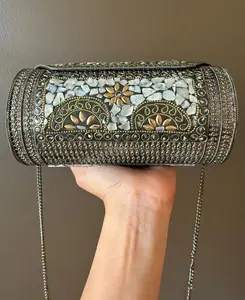 Handmade Mosaic Clutch Bag – Mother of Pearl Inlay Purse – Indian Artisan Evening Bag – Small Batch, Formal Clutch Gift, Boho bag, Metal bag