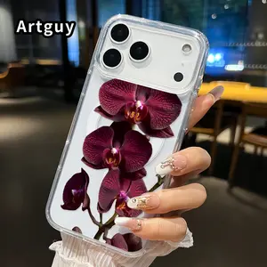Orchid Elegance Bloom Pattern Magnetic Phone Case for iPhone 17 16  Pro Max Plus 15 14 13 12 11 Air E Anti-Yellowing Shockproof Lightweight Transparent Acrylic Large Hole Soft Cover Supports Wireless Charging